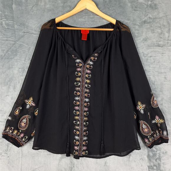 Womens Top Large Black Boho Embroidered Sheer‎ Paisley Whimsygoth Peasant Hippie - Picture 1 of 6